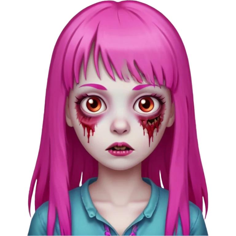 Create a female zombie emoji with long, straight hair in hot pink and bangs. emoji