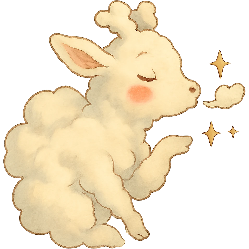 vanilla-colored cloud doe blowing a kiss with sparkles and rosy cheeks, soft Ghibli style emoji