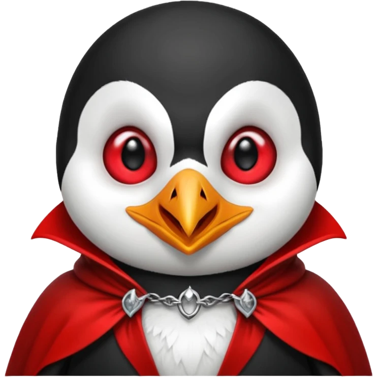 Vampire animal, penguin  in red collar cloak, red eye, fangs emoji