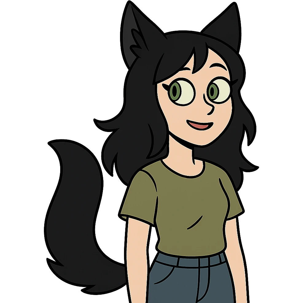 a girl with black fox ears and a tail, green eyes, dark hair emoji