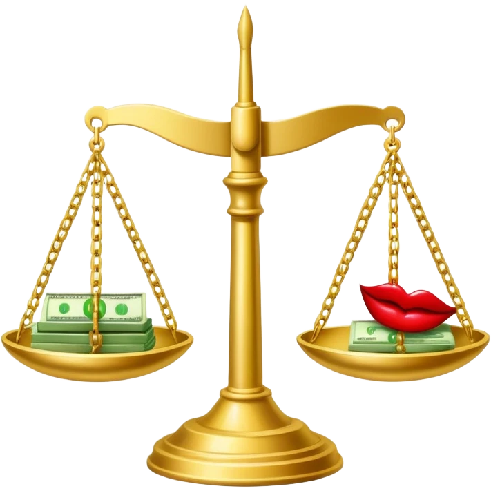 gold scale with green dollar bills on left side and lipstick and nail polish on right side emoji