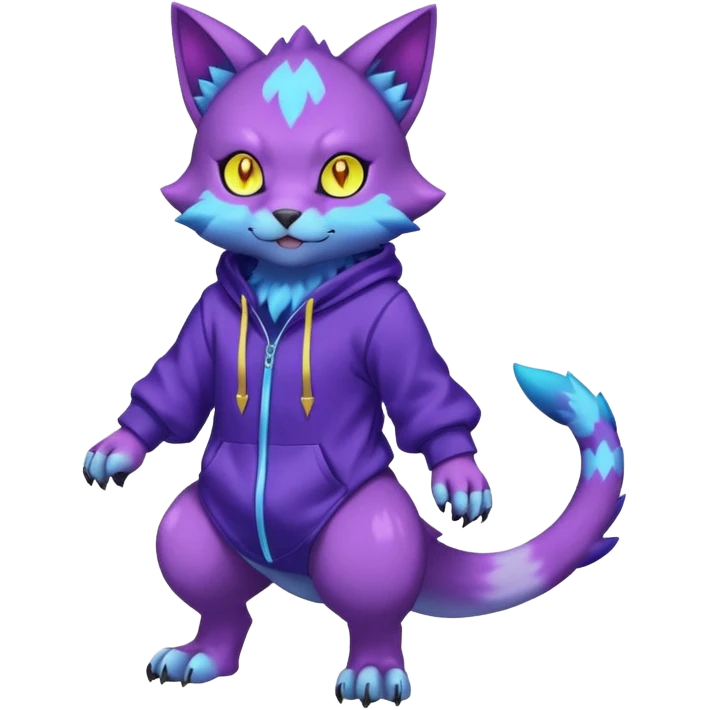 Colorful neon glowing abyssal garurumon-purloin-feline-Fakemon-Digimon-creature wearing a violet hoodie fursona (full body)  emoji