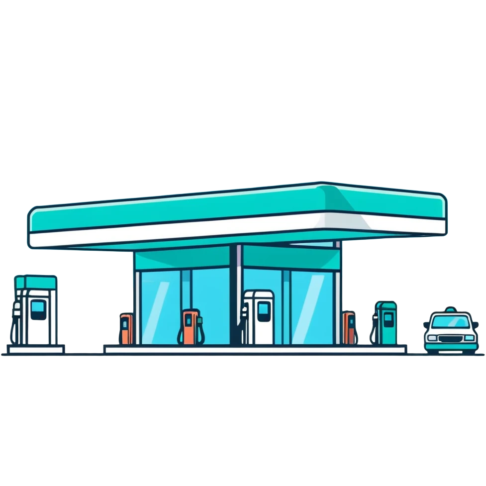 Gas station building with canopy and pump, minimalist design with soft gradients in sky blue, teal green, white, and light gray emoji