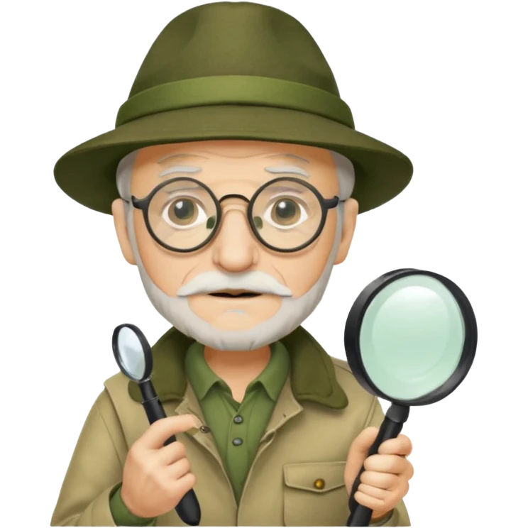 old man in beige moss green explorer outfit, wear black glass, hat, holding magnifying glass emoji