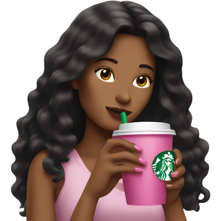 Woman with long black hair drinking Starbucks with pink fingernails.  emoji
