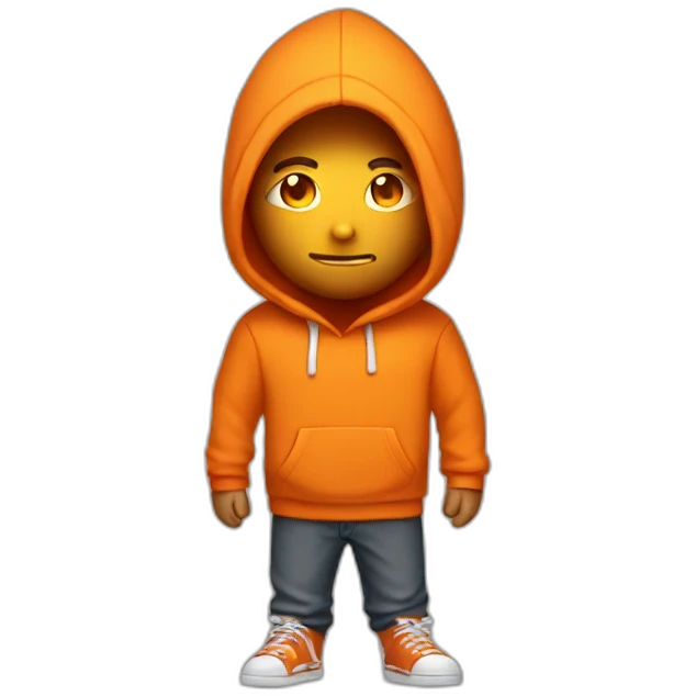 Guy with orange hoodie that cover his whole body with white flaming eyes emoji