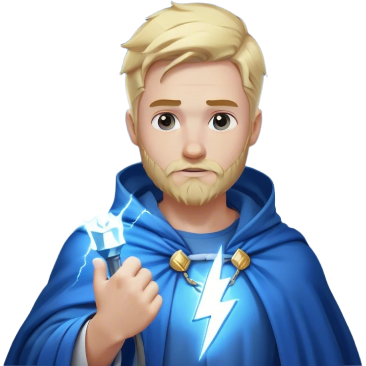 god with lightning, blond, in a blue cloak and a white T-shirt. Holds lightning in his hand on his shoulder that glows with a white-blue light. with a neat short beard emoji