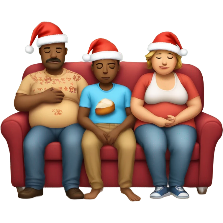 Family sitting on couch wearing Christmas hats sleeping with fat belly’s after eating too much turkey emoji