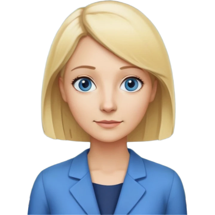 Mrs. Maria, math and artificial intelligence teacher, no glasses, thin nose, blonde eyebrows, blonde bob hair, blue eyes, standing in front of a blackboard emoji