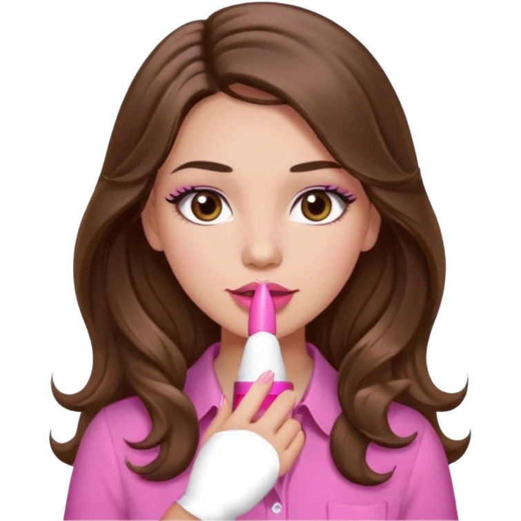 girl with long wavy brown hair, brown eyes, light to medium complexion, in a pink shirt, pink lips, long lashes, puckered lips, showing off a pink manicure emoji
