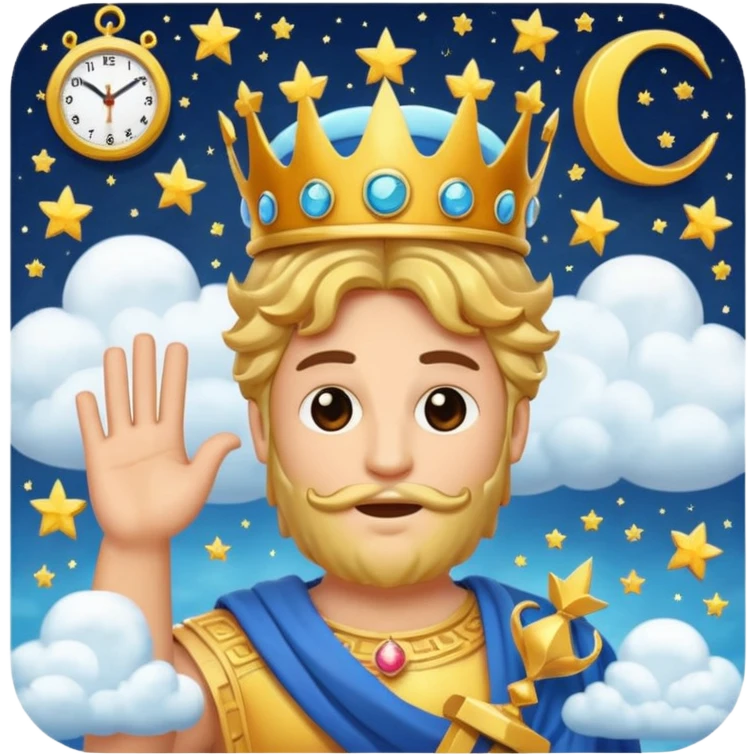 cartoonish emoji of the letter C with a face, wearing a Greek god crown, holding a clock, surrounded by stars and clouds, representing Chronos and the gods of Olympus emoji