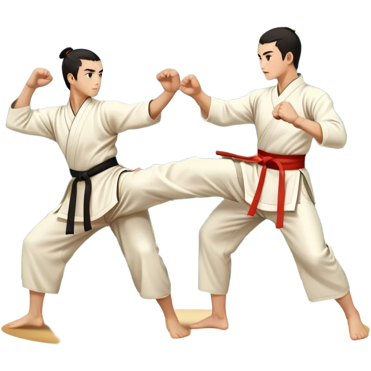 Two martial artists in traditional Wushu attire, performing elegant, fluid moves. One executes a high spinning kick while the other strikes with a precise fist. The background shows a peaceful, scenic landscape with mountains and bamboo trees, symbolizing the balance of power and grace in Wushu.  emoji