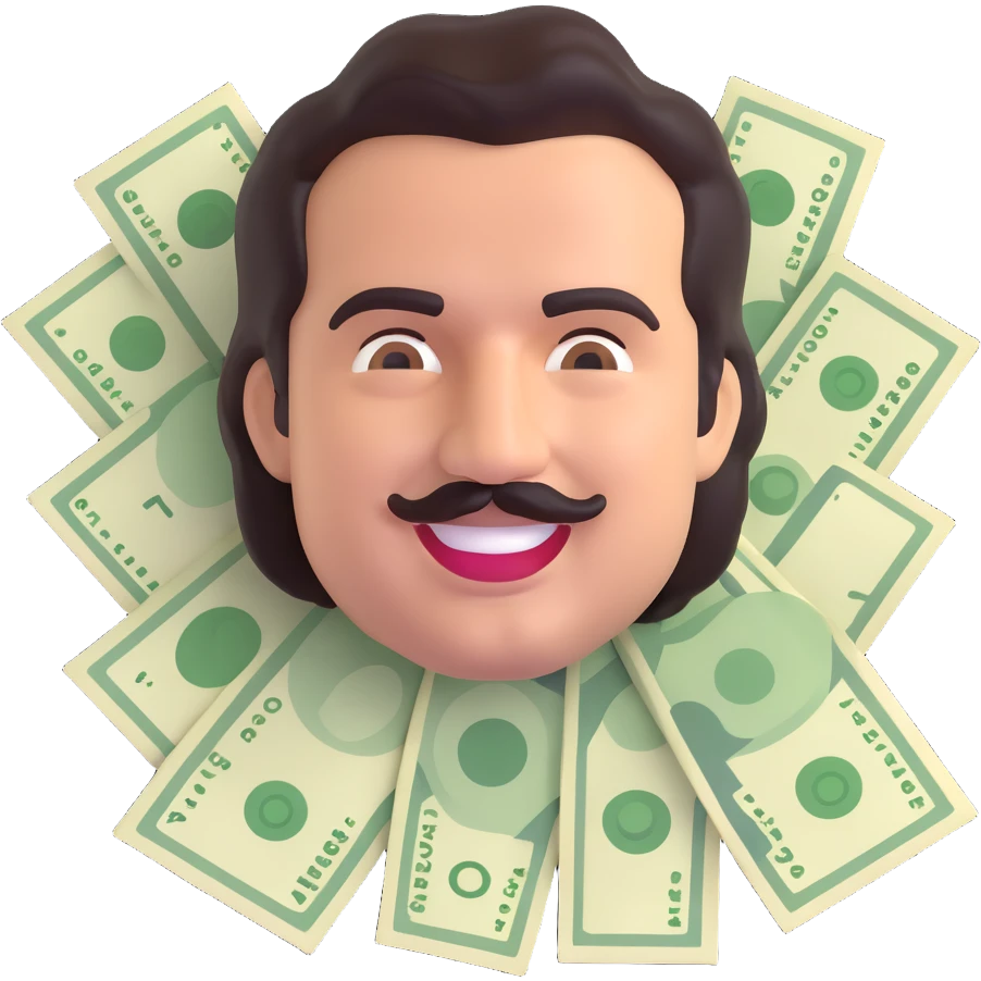 Pablo Escobar emoji smiling with a background of money emoji