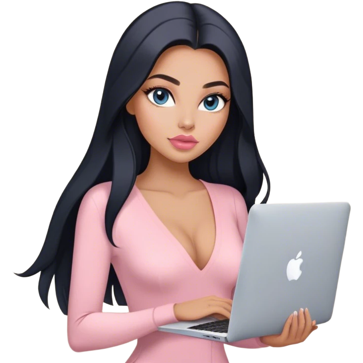 Glamours, tanned, very beautiful girl, with big pump peach-beige-rose lips, long lashes, black straight smooth silky long hair, straight parting hair, blue-grey eyes, in light-pink v-neck bodysuit holding MacBook emoji