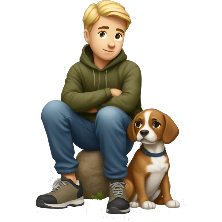 squatting boy with dog outdoors emoji