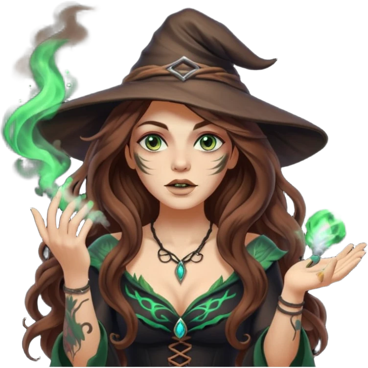 forest witch woman long wavy brown hair tattoos blowing glowing powder toward viewer emoji