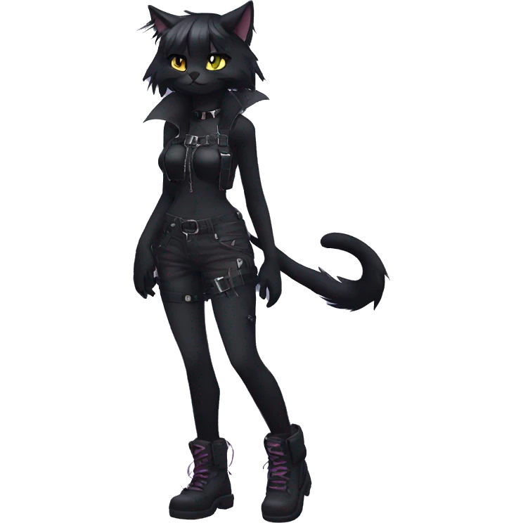 Anthro Edgy Cool Beautiful Black Cat-Fursona-Fakemon with Emo Hair-bangs with Chest Harness emoji
