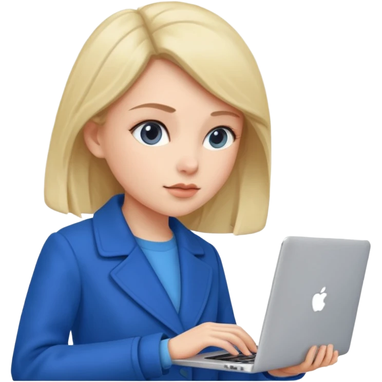 woman in blue coat, laptop emoji