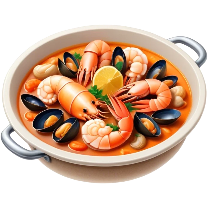 Cinematic Realistic Buzara Seafood Dish Emoji, depicted as a rustic, flavorful seafood stew with shellfish rendered with rich textures and dynamic, maritime lighting. emoji