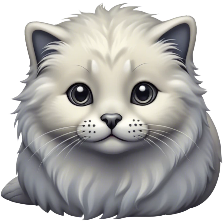 Cinematic Adorable Fluffy Grey Seal Ragdoll Cat Portrait Emoji, Head tilted cutely with big, sparkling eyes, soft grey fur with darker seal points on the ears, face, and paws, Simplified yet irresistibly adorable features, highly detailed, glowing with a soft, warm glow, high shine, affectionate and playful, stylized with a touch of whimsy, bright and endearing, soft glowing outline, capturing the essence of a curious and loving kitten, so cute it feels like it could leap out of the screen and snuggle up for a cuddle! emoji