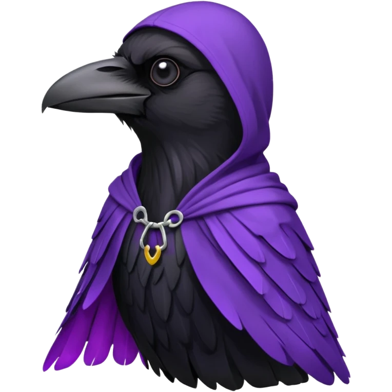 black realistic raven wearing a purple and black hooded cloak emoji