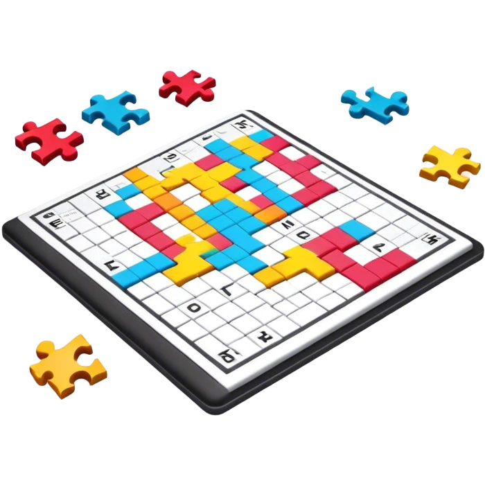 A photorealistic icon with a colorful, fragmented crossword magazine, a 3D puzzle, and a partially completed puzzle on a table. Bright, detailed design with realistic lighting. Transparent background, clearly symbolizing puzzles and brain games. emoji
