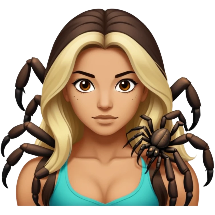 Attractive and muscular Mexican woman in her 20s with long dark brown hair with blonde highlights, with a tarantula emoji