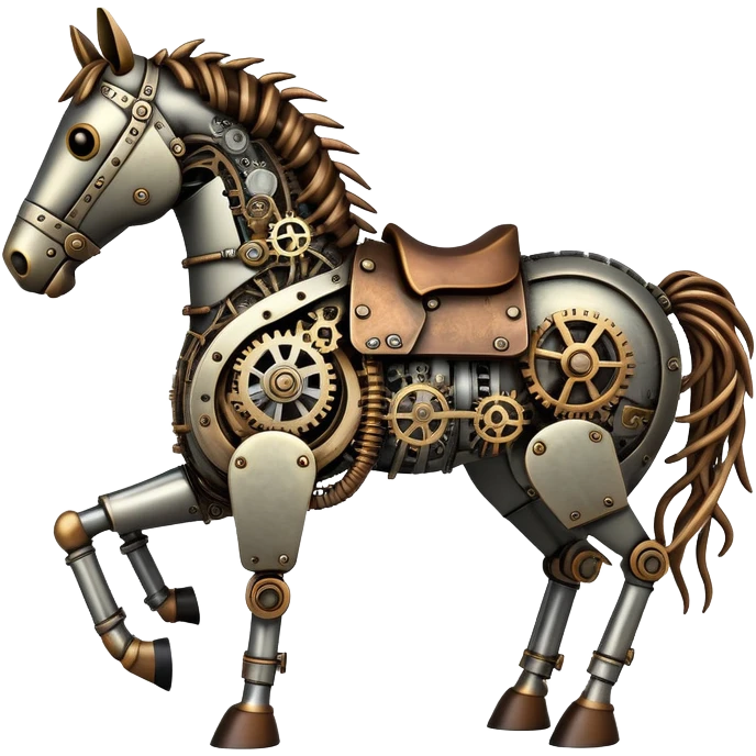 Horse made of visible mechanical parts with gears, cogs, wires, and rope components, steampunk style emoji
