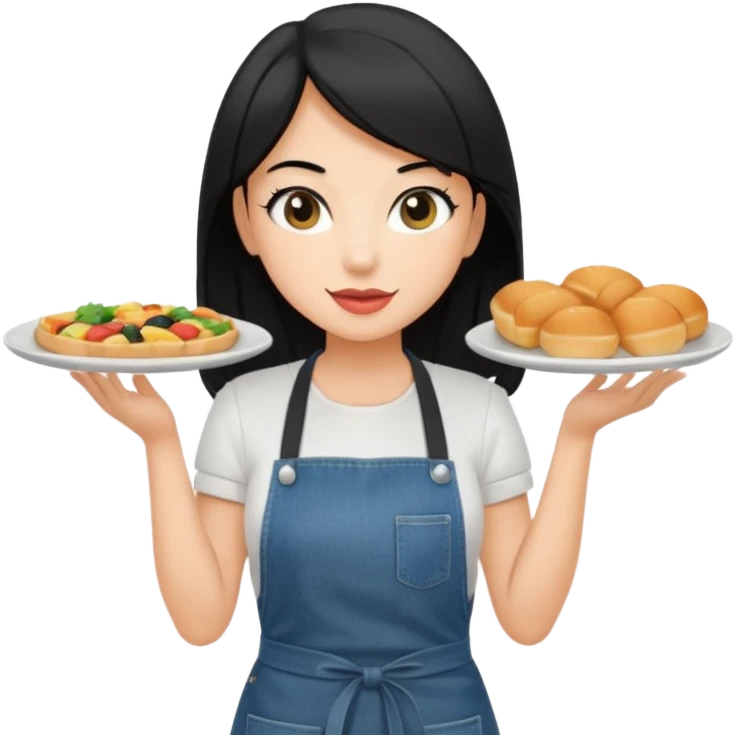 waitress with black hair and a food plate with a black tshirt and ª jeans apron emoji