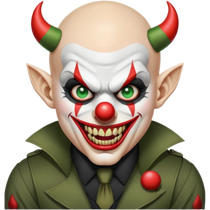 evil clown, bald, short devil horns on forehead, fangs, pointed ears, black and military green leisure suit, battle-ready fighting posture emoji