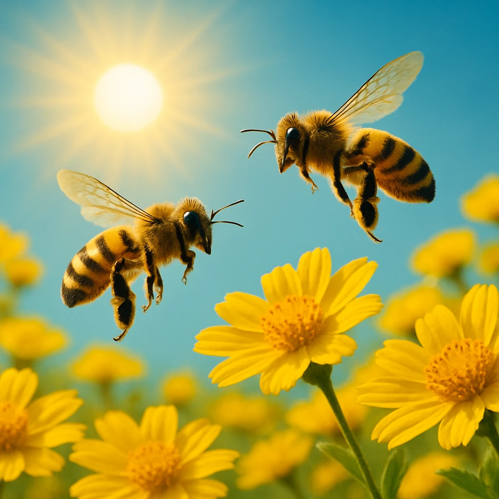 Two bees flying over yellow flowers with a sun in the background, vibrant yellow flowers and bright sun, black and yellow bees, variation 1 emoji