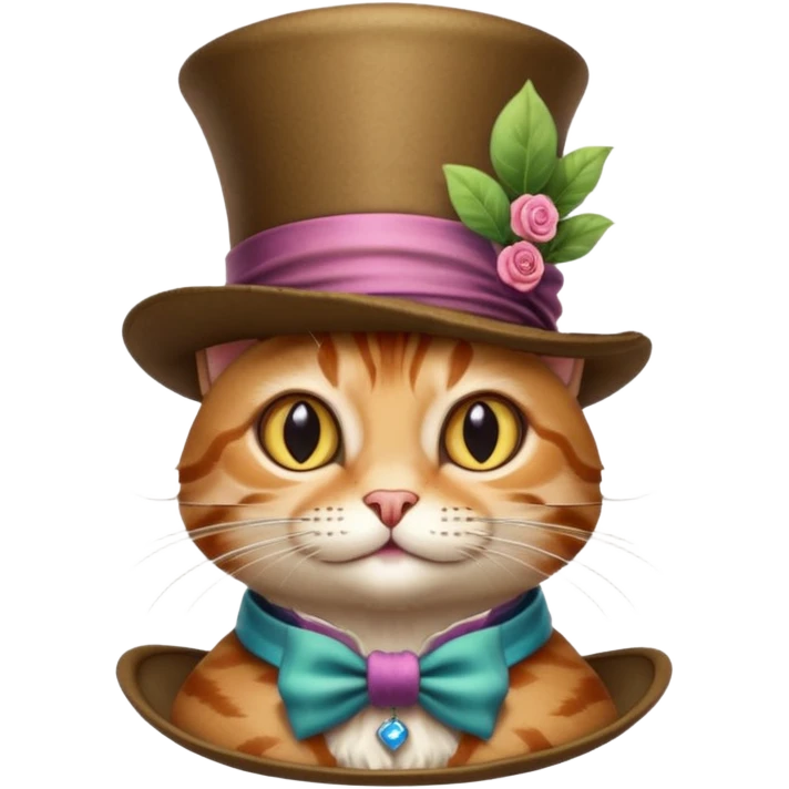 Realizza un gatto magico appena uscito dal cappello del cappellaio matto emoji