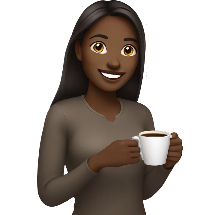 A smiling young woman with dark skin, long dark brown hair with a cup of coffee in her hand. emoji