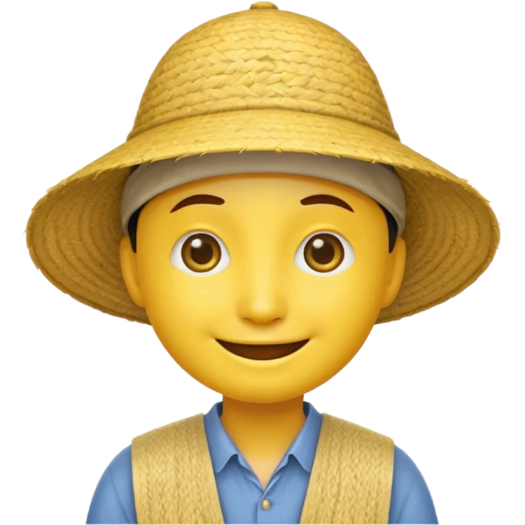 Yellow emoji smiley face with stereotypical Chinese facial features and rice farmer hat. Eyes very narrow emoji