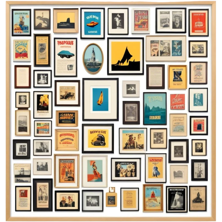 Icon for Photograph and Poster Collecting: a collection of vintage photographs and movie posters, neatly displayed on a wall or in frames. The icon should evoke the nostalgia and artistic value of collecting rare images and posters. Transparent background. emoji
