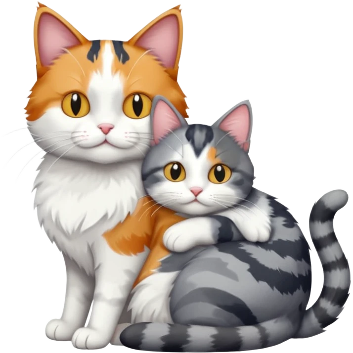full body colourful light patched calico + white tabby cat cuddling a grey and white cat  emoji