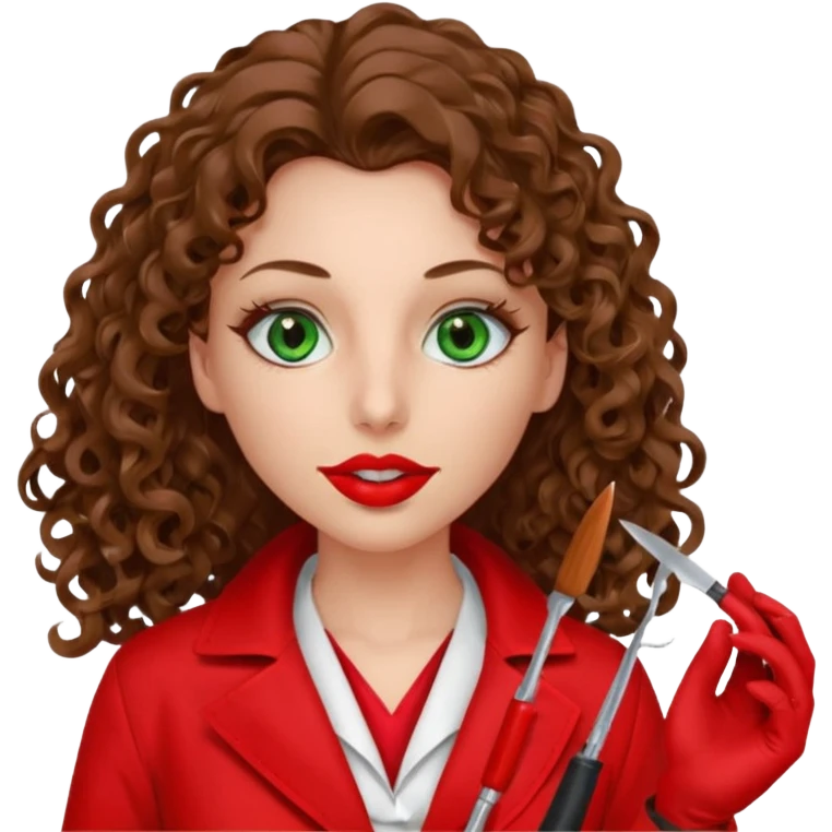 Lilith symbol sexy evil woman. She has green eyes.  had brown long curly hair.  evil surgeon kills with scalpel wears red sexy doctor coat with red mouth cover red gloves. Covers nose, neck  and mouth with Muslim red berka emoji