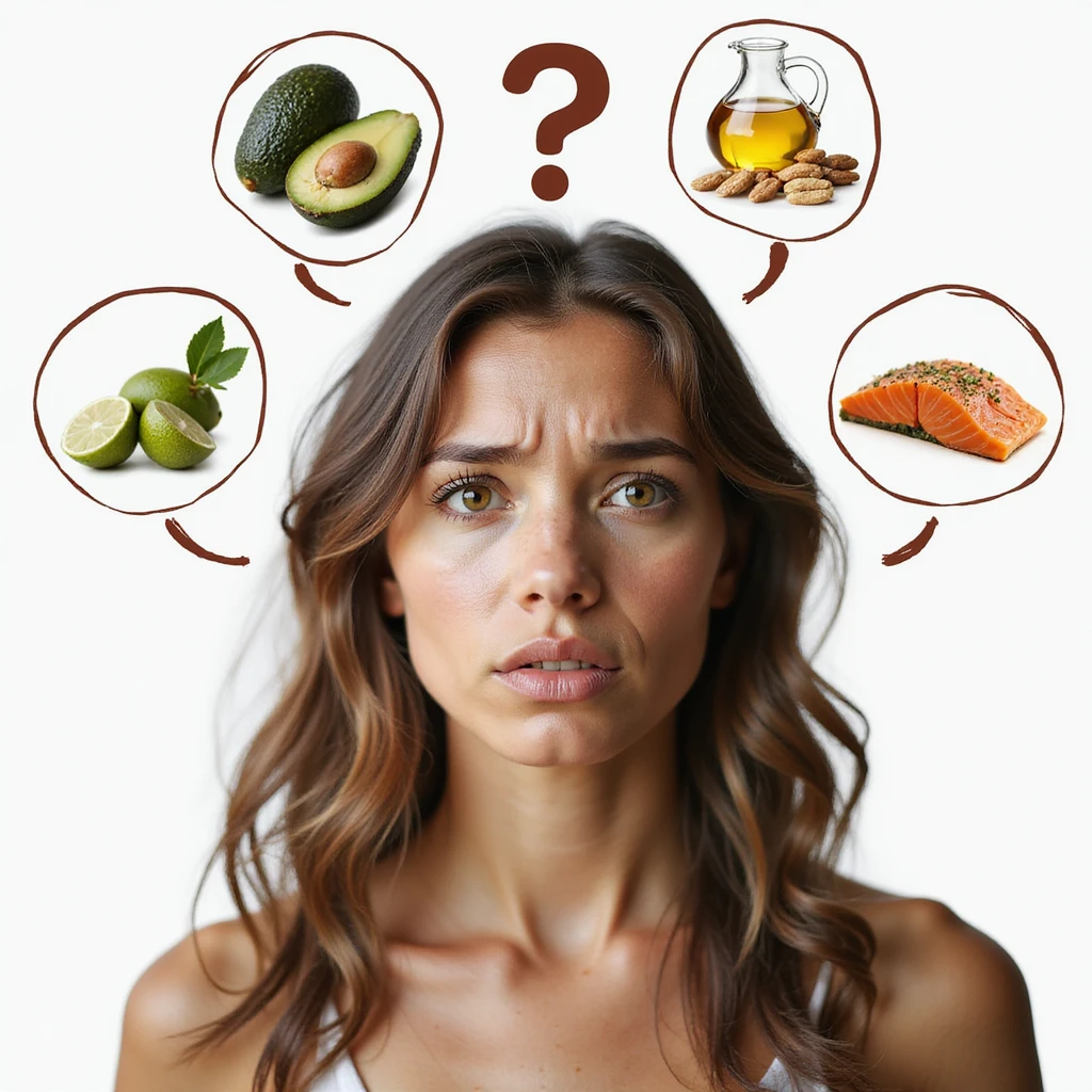 realistic woman with confused expression, slightly changed icon positions, surrounded by realistic icons of healthy fats (avocado, olive oil, nuts, salmon), question mark above head, hyperrealistic details, natural light, PNG without background, variant 6 emoji