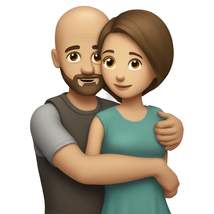 A bald bearded boy hugs a girl with medium-length brown hair emoji