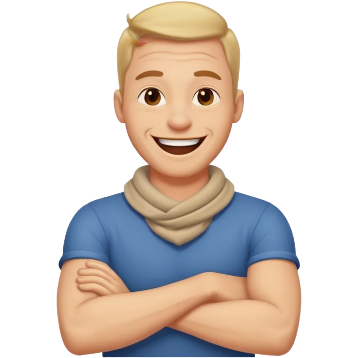 Guy laughing with arms crossed around on neck emoji