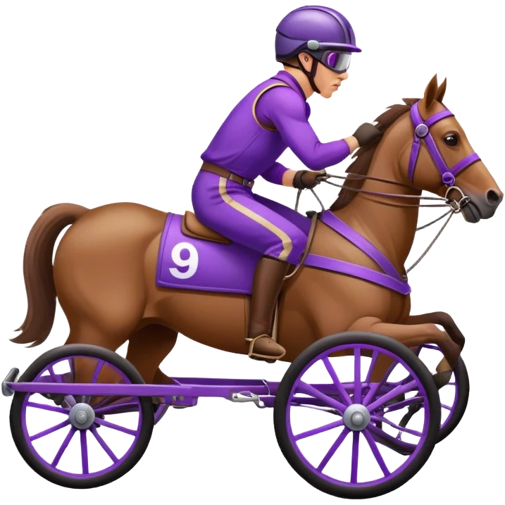 Harness racing horse that pulls a two-wheeled cart occupied by a driver in purple emoji