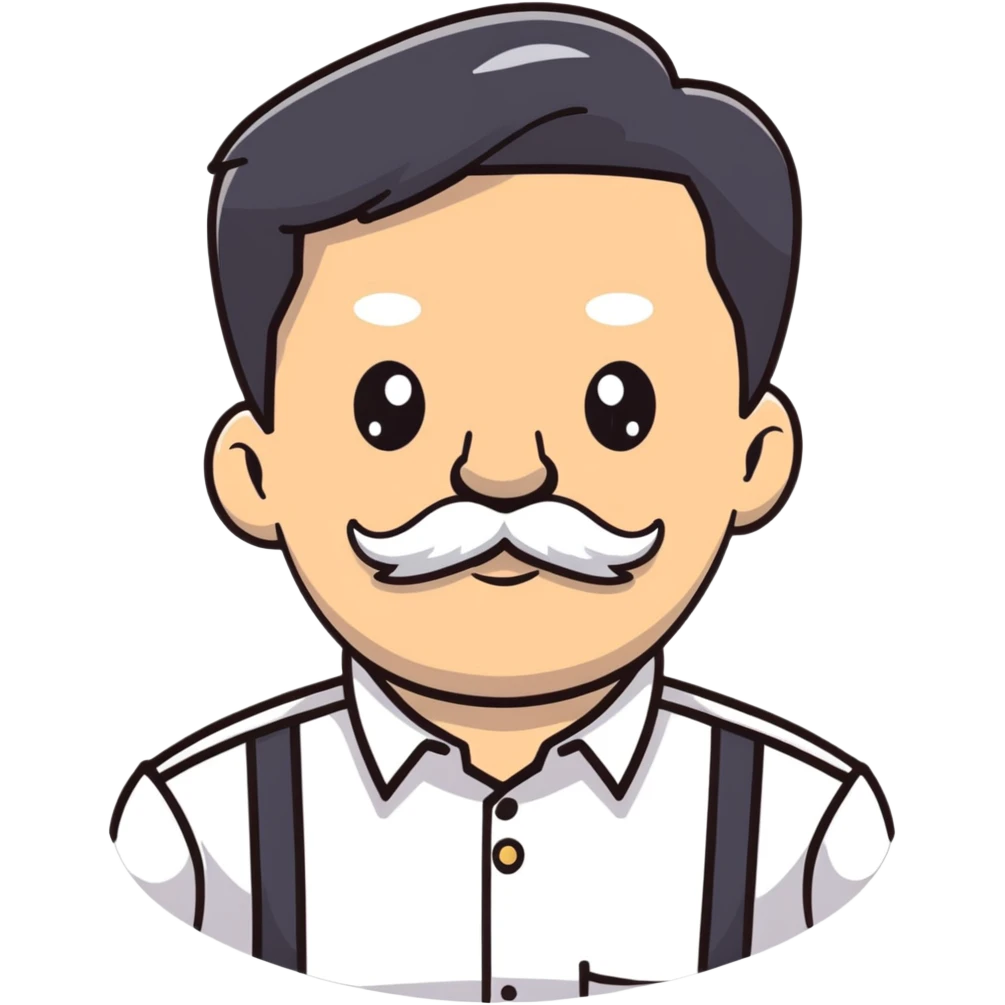 male character with oval-shaped flat-top head, bushy white mustache, wearing a white shirt with three white buttons emoji