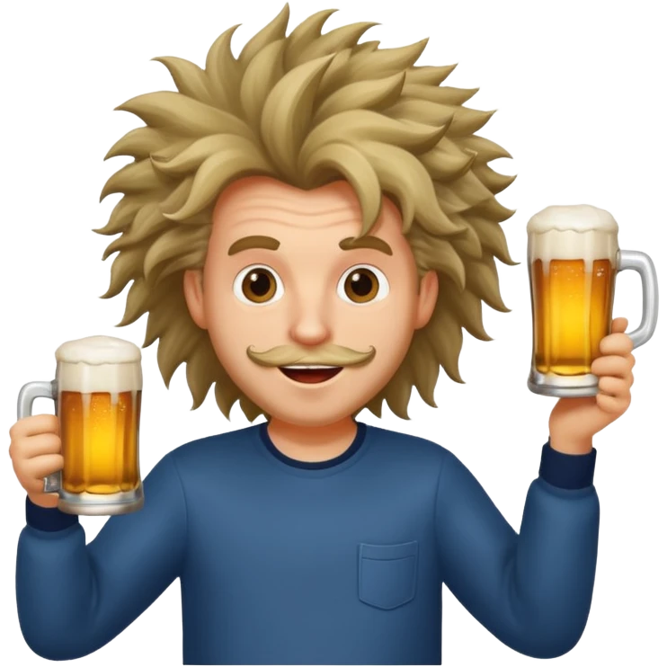 silly man with wild hair holding a beer emoji