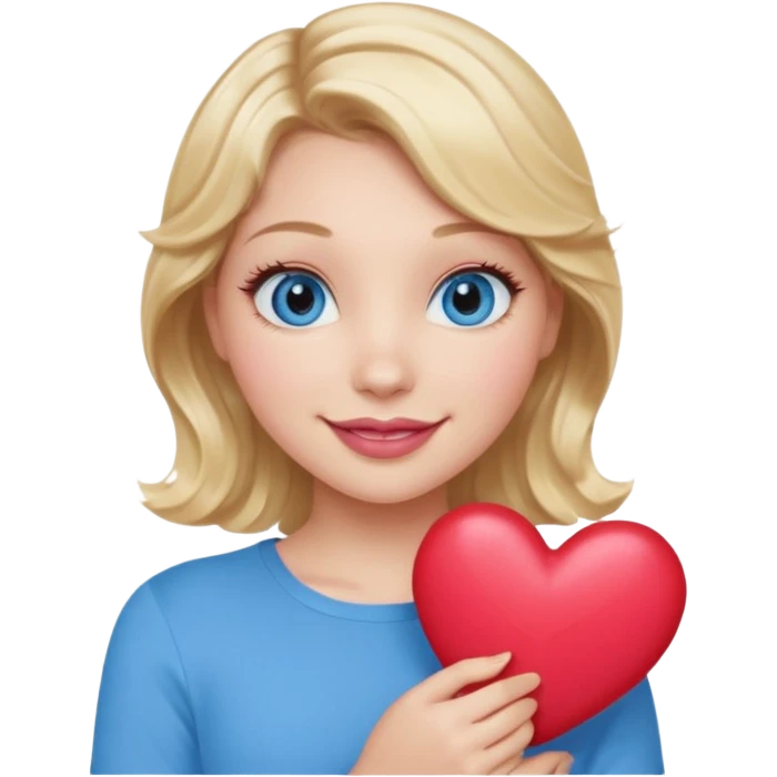 Girl Blonde short wavy hair,  blue eyes, cute blue top, long lashes, pink lips, smiling, holding a big heart emoji