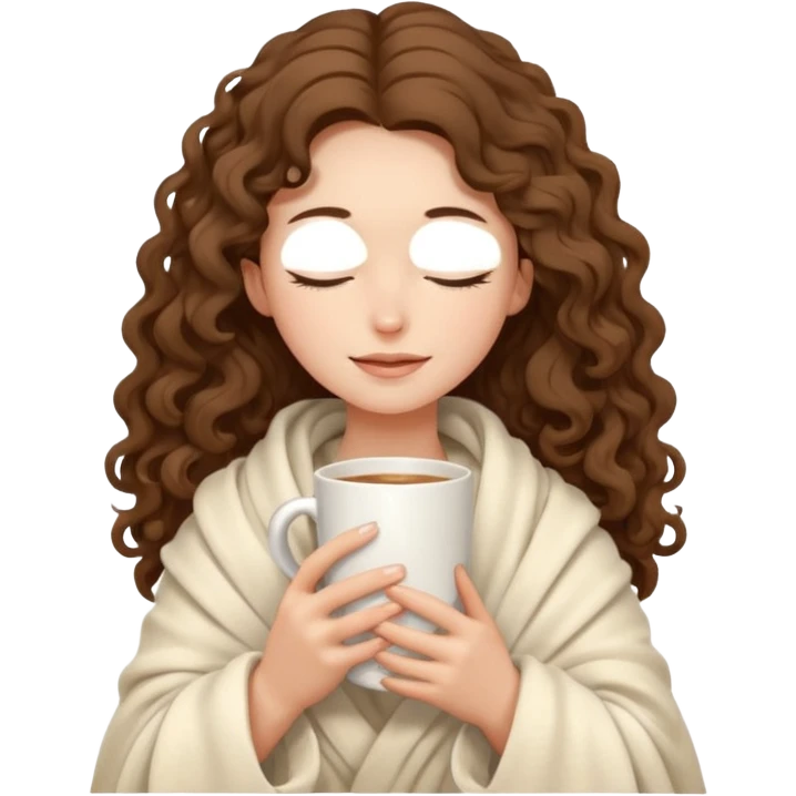 slender girl with fair skin with long curly brown hair, the girl closed her eyes and wrapped in a cream soft blanket, holding a white mug in her hands emoji