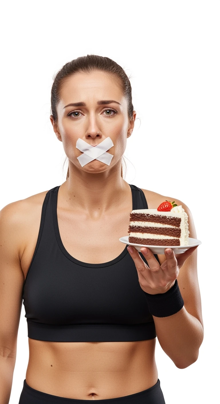 donna fitness con una fetta di torta in mano ed espressione molto triste e stanca, scotch a croce sulla bocca, sfondo bianco emoji