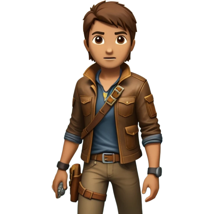 an adventure game, inspired by Uncharted-2. The design features a rugged explorer navigating through ancient ruins, with treasure and obstacles in the background. A dynamic environment with jungle, cliffs, and puzzles highlights the thrill of discovery and action. Transparent background. emoji