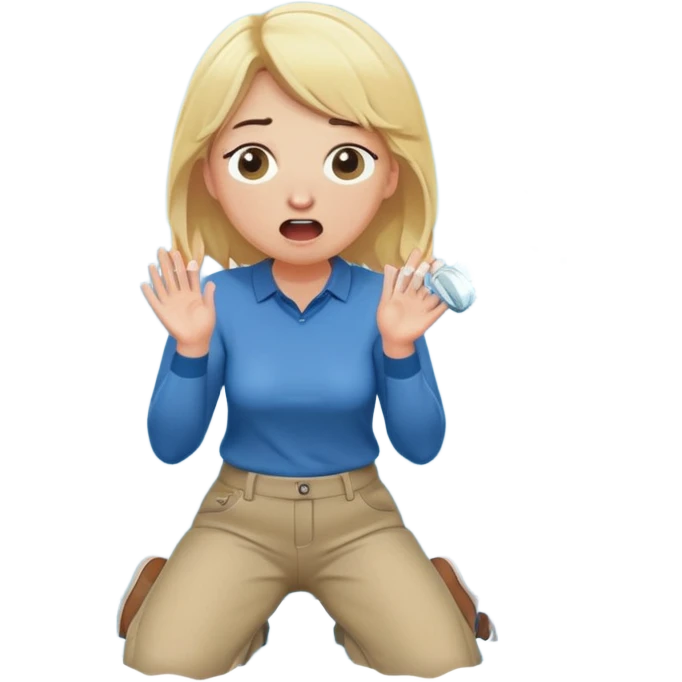 simple, round-faced blond woman kneeling, surprised expression, cartoonish wide stick with a D-shaped knob coming out of a pair of pants hanging in front of her face, water stream squirting from the flat side of the knob into her open mouth emoji