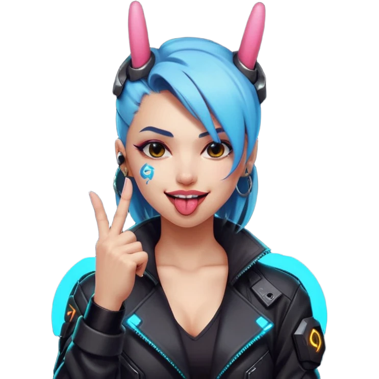 Woman with her tongue out in cyberpunk clothing and giving the middle finger. Looking naughty. emoji