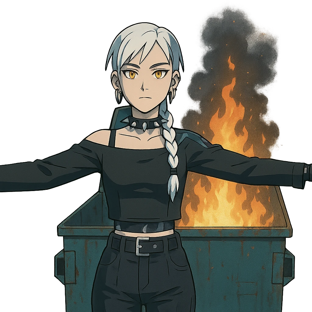  young woman with gold yellow eyes, white hair, long braid, black off-shoulder top, punk gothic style, futuristic cyberwave cyberpunk,, she is calmly t-posing , there is a dumpster fire in front of her emoji